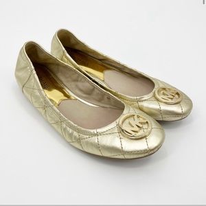 MK Gold Leather Logo Quilted Ballet Flats 7.5